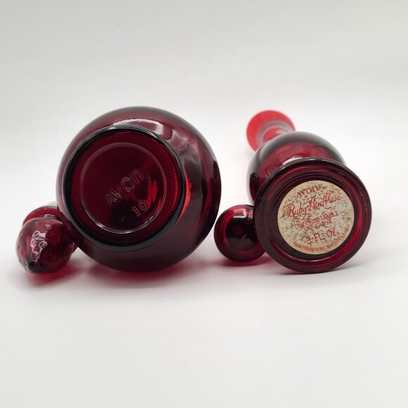 PAIR Vintage Avon Red Glass Bottles with Stoppers 5" Cruet 8" Perfume - Picture 5 of 10